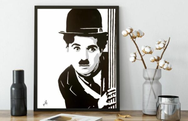 charly chaplin pop art painting in black and white staged