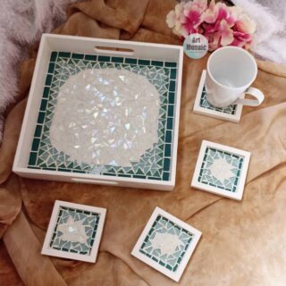 green mosaic tray and coaster set