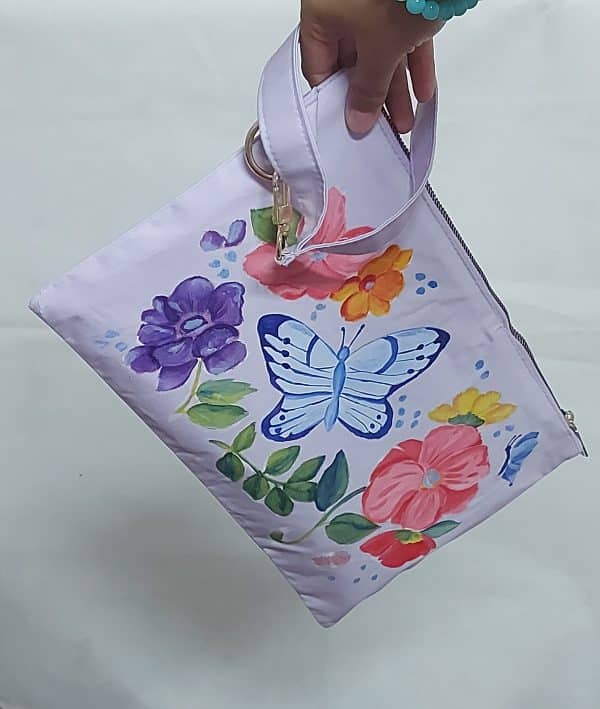 Butterfly Handmade Fabric Painting Lavender clutch