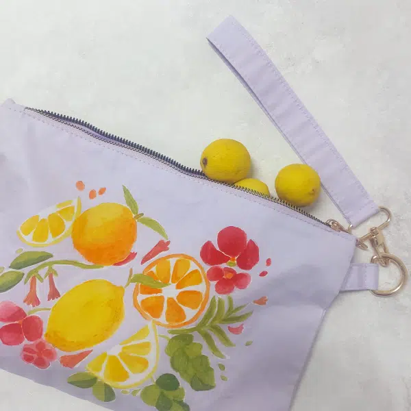 Lemon Handmade Fabric Painting Lavender clutch