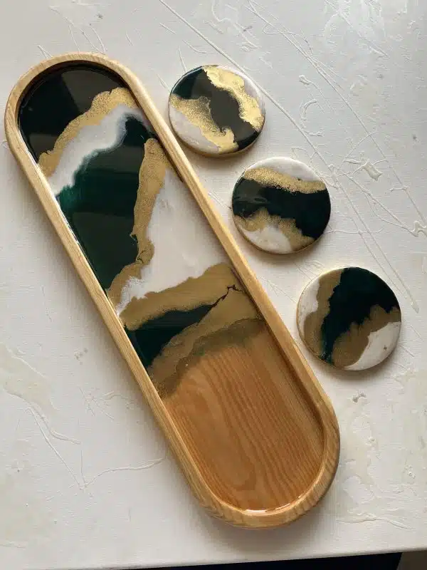 Dark green tray + matching set of 4 coasters