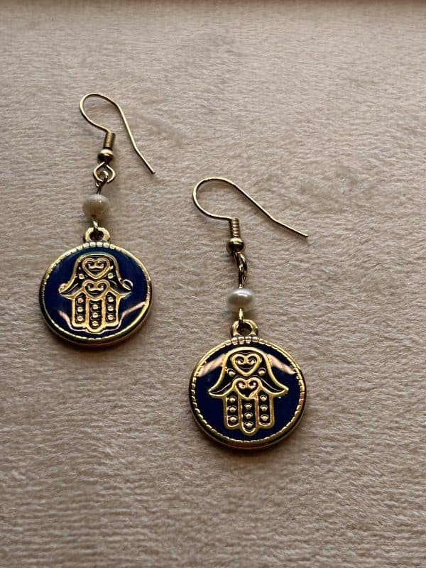 Boho enameled blue Fatima hand earrings