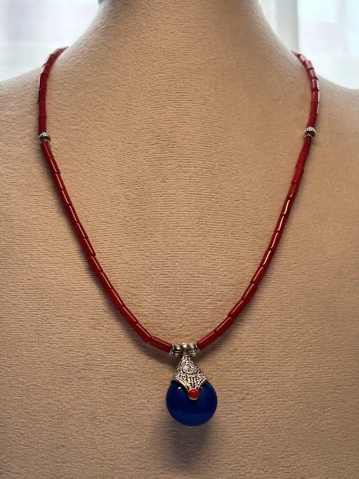 Boho necklace with red coral stone and blue pendant 1 Boho necklace with red coral stone and blue pendant