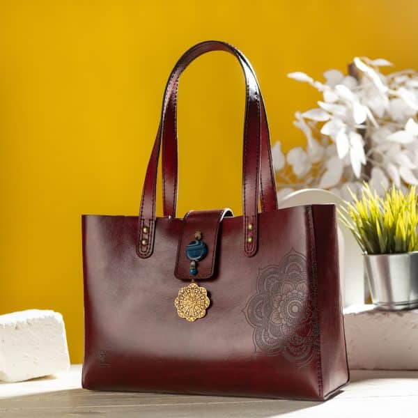 0100 Handmade Genuine leather tote bag with mandala (dark red)