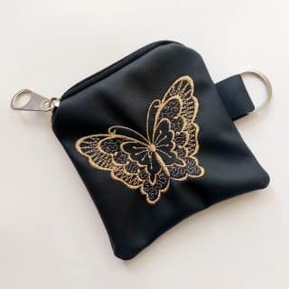 Black faux leather keychain machine embroidery coin purse butterfly