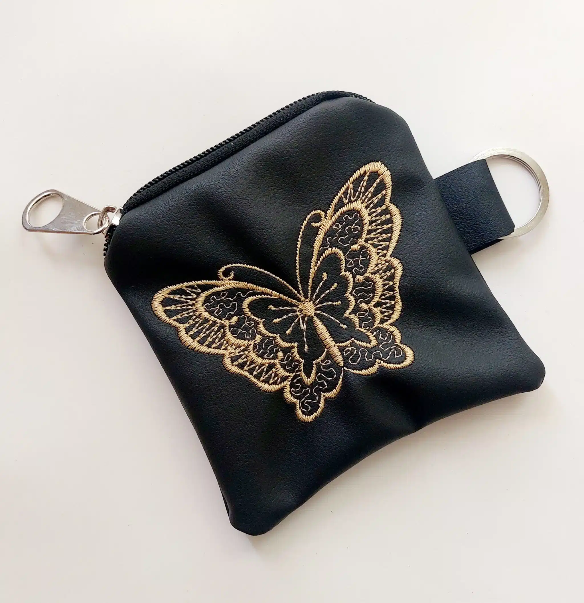 Machine embroidery faux leather coin purse with keychain 2 Black faux leather keychain machine embroidery coin purse butterfly