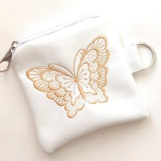 White coin purse faux leather keychain machine embroidery butterfly