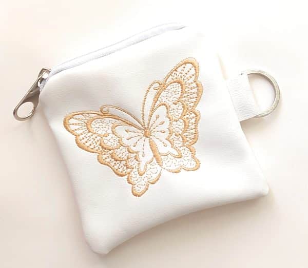 White coin purse faux leather keychain machine embroidery butterfly