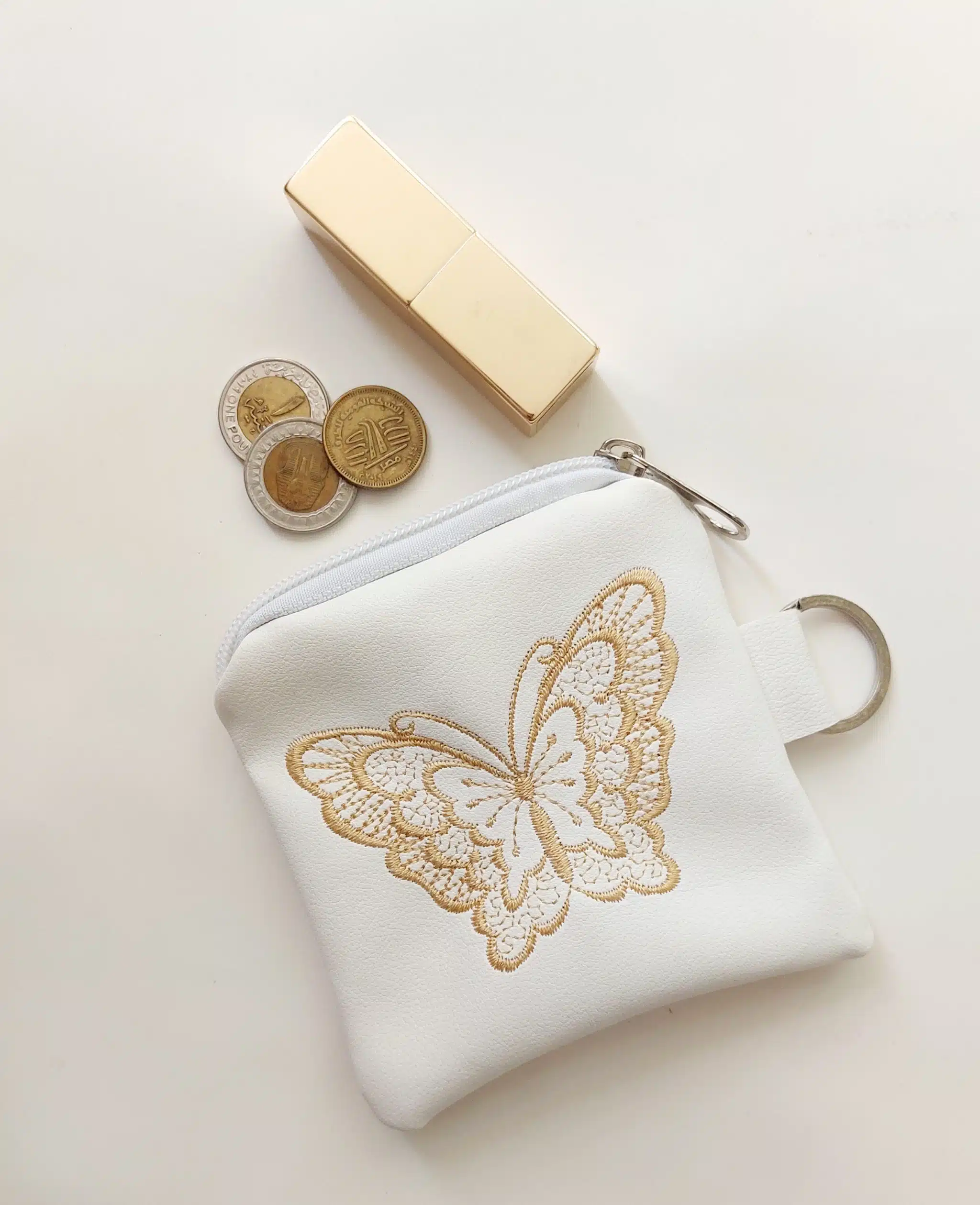 Machine embroidery faux leather coin purse with keychain 3 Coin purse white keychain