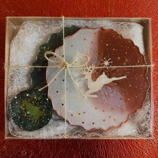 colorful christmas coasters and magnet