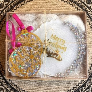 sparkly christmas ornaments and coaster