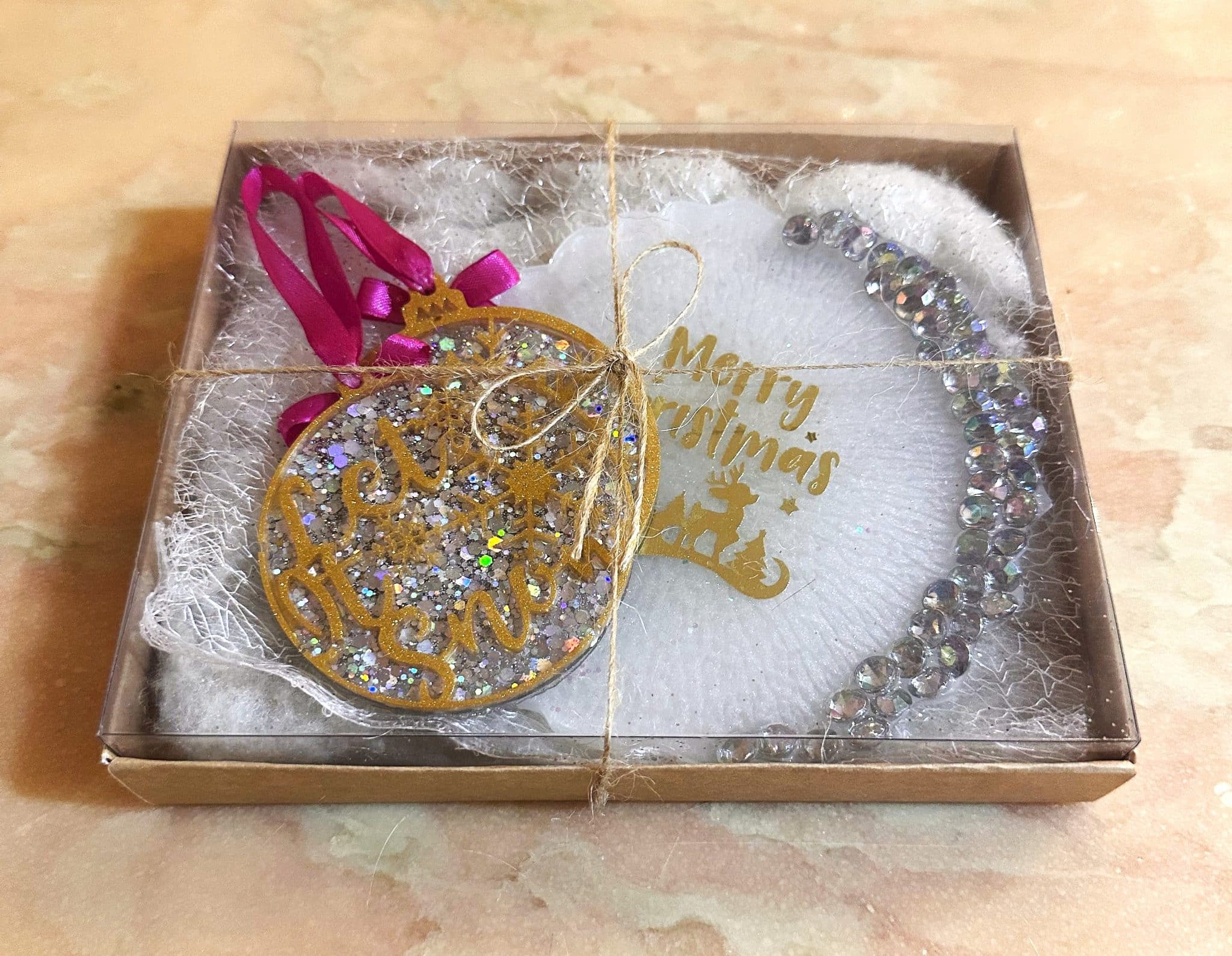 Sparkly Christmas Set 3 sparkly christmas ornaments and coaster