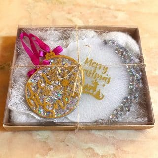 sparkly christmas ornaments and coaster