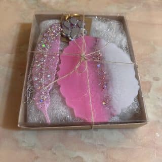 pink and glitter coaster, bookmark and medal