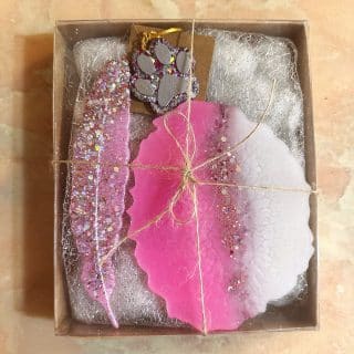 pink and glitter coaster, bookmark and medal