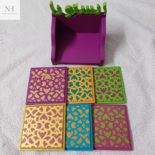 Colorful set of coasters with holder