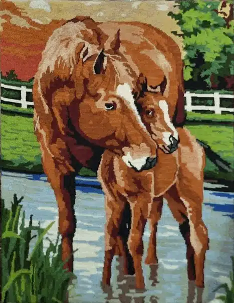 Serene Bond: Mare and Foal by the Water" 1 Serene Bond: Mare and Foal by the Water"