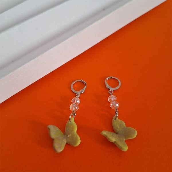 polymer clay dangly butterfly earrings lime green