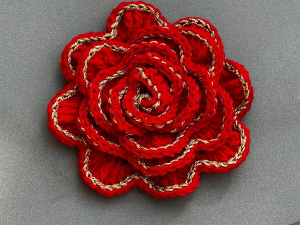 Red rose crochet brooch with golden borders