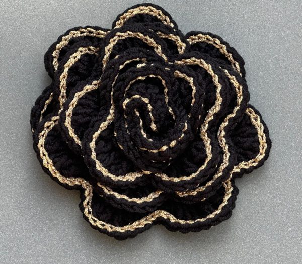 Crochet black rose brooch with golden borders