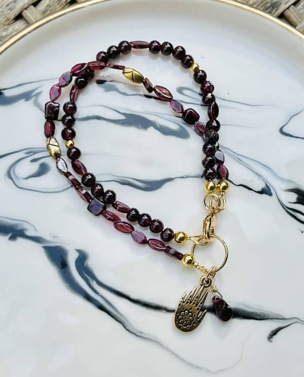 January birthstone, Garnet bracelet, gold filled, Fatima’s hand, prevent nightmares, brings happiness