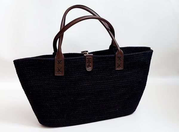 Handmade Black Cotton Rope Tote Bag with Faux Leather Handles