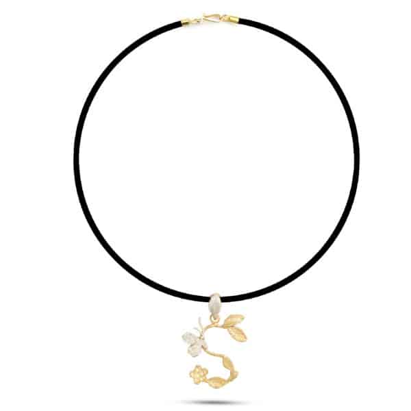 Botanic Necklace, Engraved Branches Of Leaves, Flower & Butterfly Letter - S