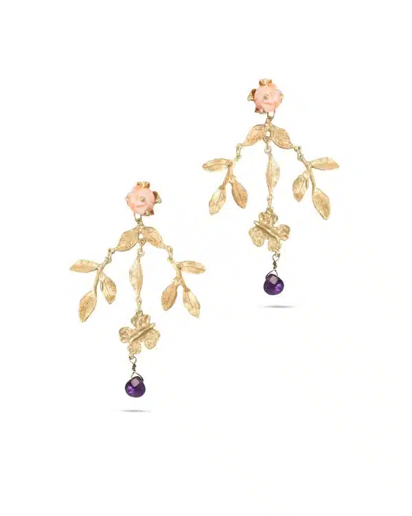 Flowery Collection, Coral Rose, Amethyst Drop, Engraved Butterfly & Leaves Earring