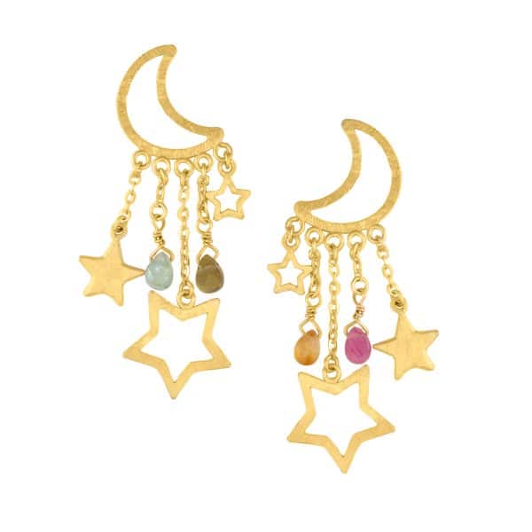 Summer Night Collection, Crescent Moon With Tourmaline Stones & Stars Earrings