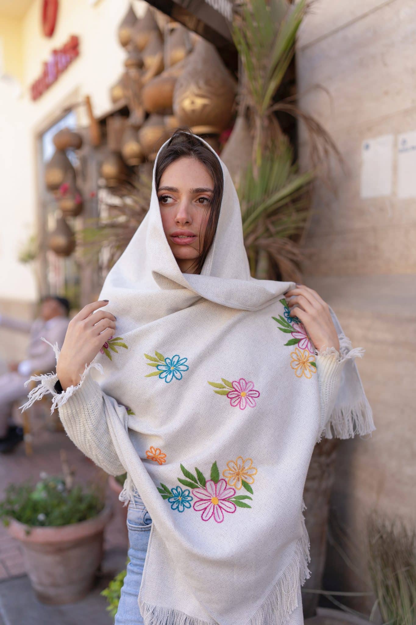 Floral Hand-Embroidered Natural Cotton Shawl 3 DSC00851 scaled