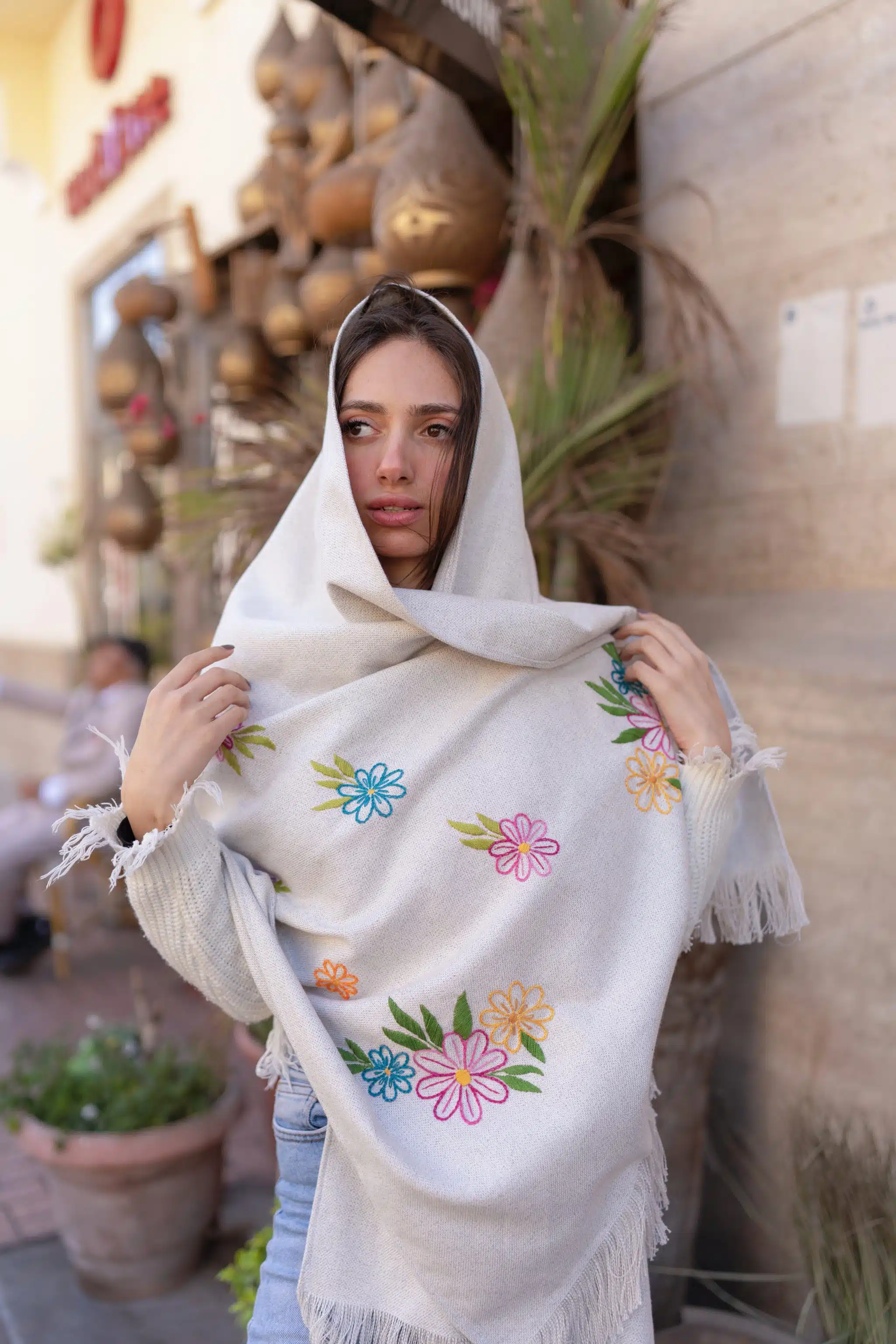 Floral Hand-Embroidered Natural Cotton Shawl 3 DSC00851 scaled