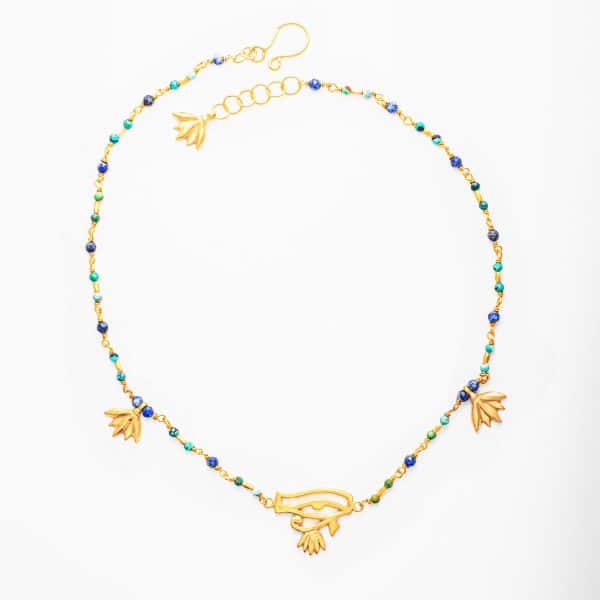 Pharaonic Collection, Horus Eye & Small Lotus with Turquoise & Lapis Necklace