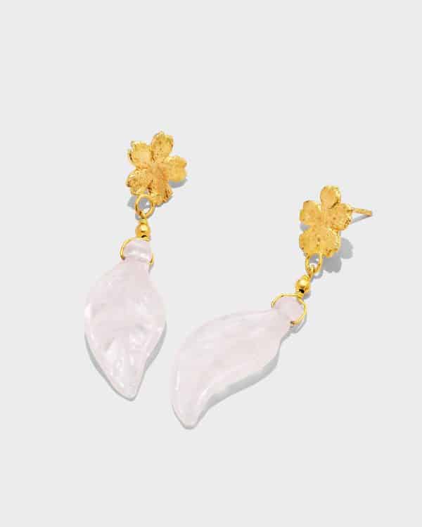 Flowery Collection , Flowery Earrings With Rose Quartz Leaf