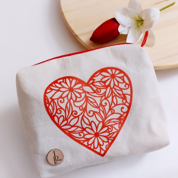 Handmade Canvas Makeup Pouch – Red Hearts Design