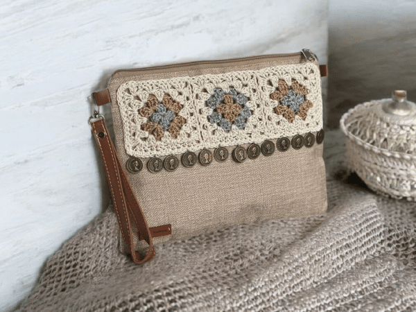 Beige clutch with silver/gold granny squares