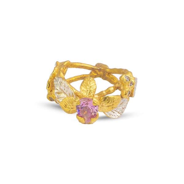 Flowery Collection, Pink Zircon Flower, Leaves & Branches Ring