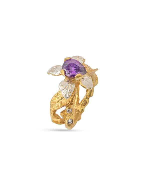 Flowery Collection, Purple Zircon Flower, Leaves & Branches Ring