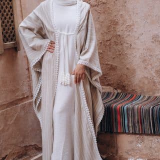 Moroccan Abaya with Hood – Natural Linen with Crochet Detailing