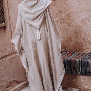 Moroccan Abaya with Hood – Natural Linen with Crochet Detailing