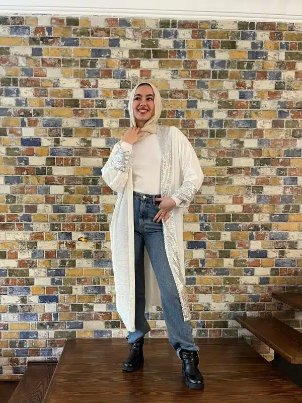off white velvet cardigan with touch of silver byte