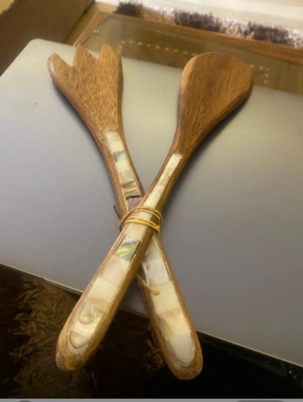 fork and spoon salad set with mother of bearl