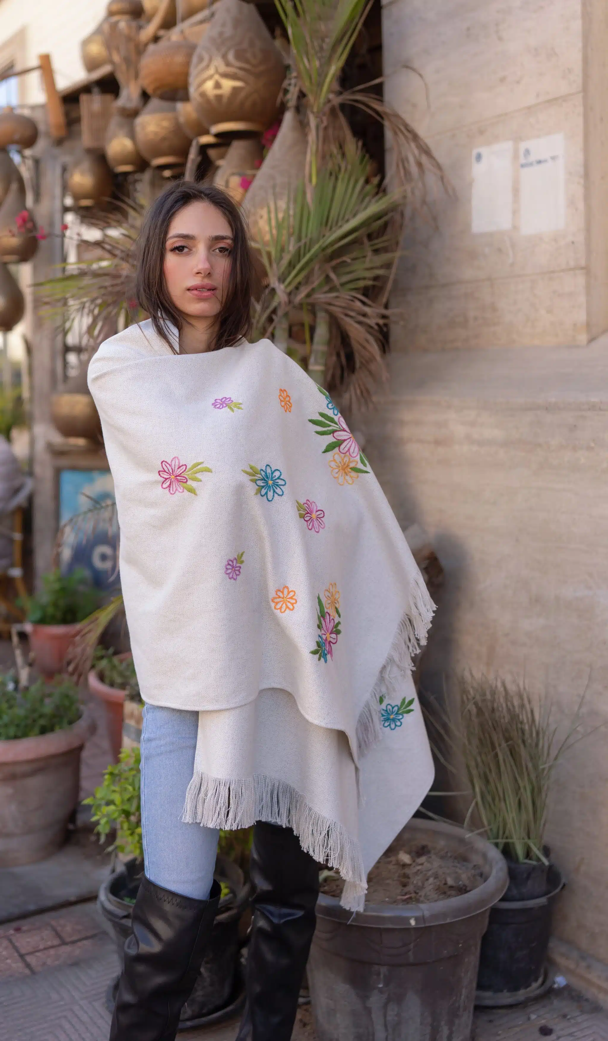 Floral Hand-Embroidered Natural Cotton Shawl 1 Floral Hand-Embroidered Natural Cotton Shawl