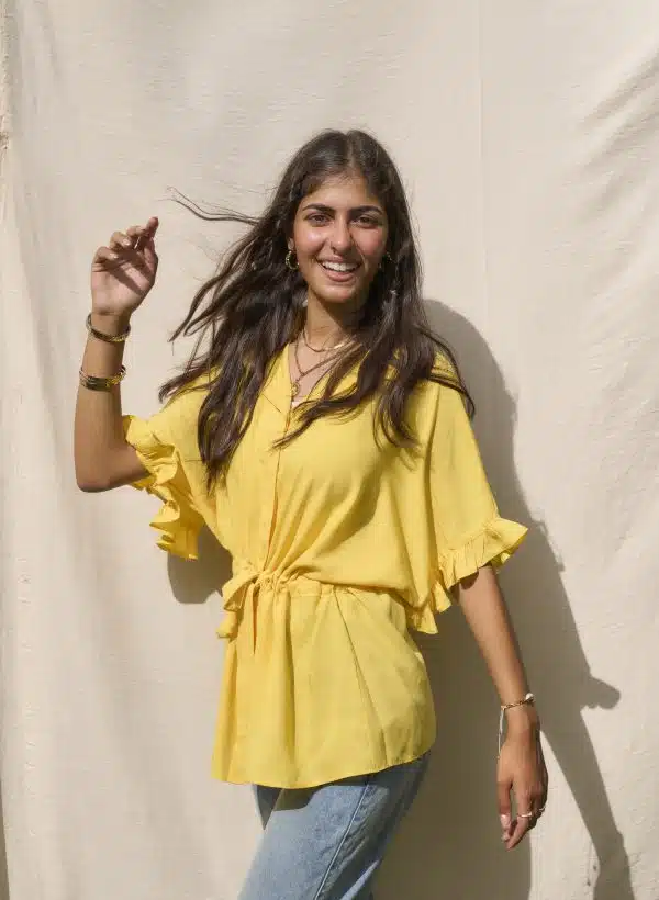 Lemon yellow ruffled sleeves shirt
