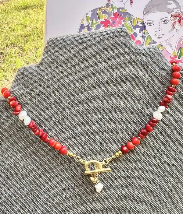 Coral, pearl necklace with 18 gold filled clasp.