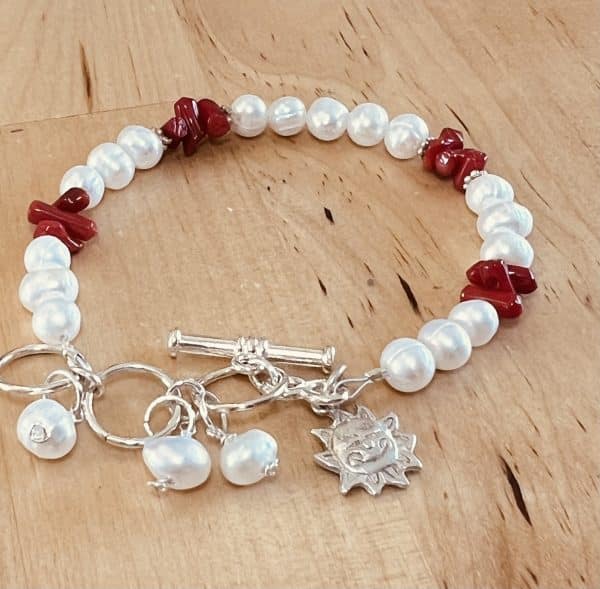 Mom my sunshine bracelet. Pearl, coral bracelet, sterling silver adjustable clasp, spacers