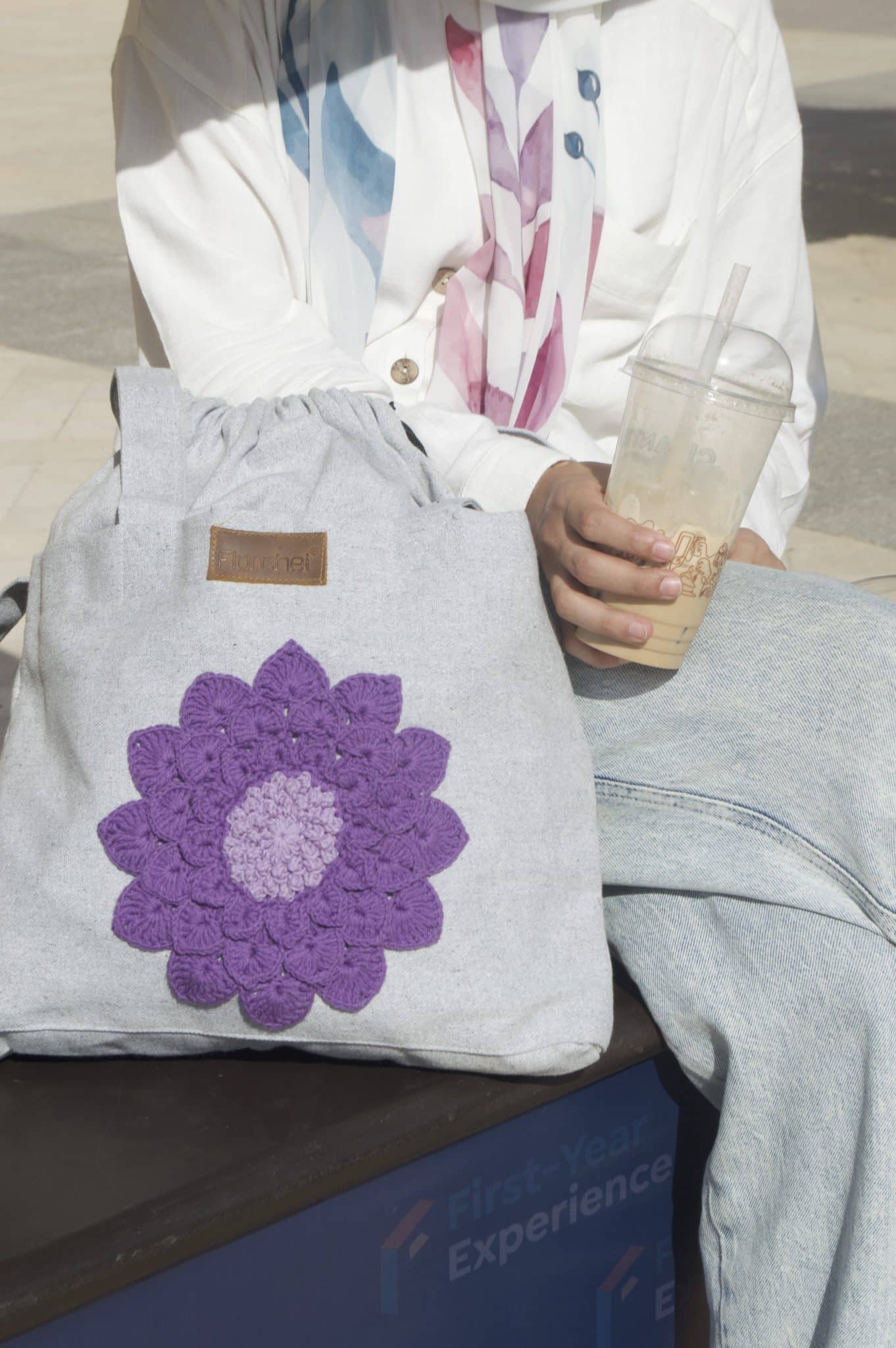 Light Cream Tote Bag 3 Light grey tote bag with violet flower scaled