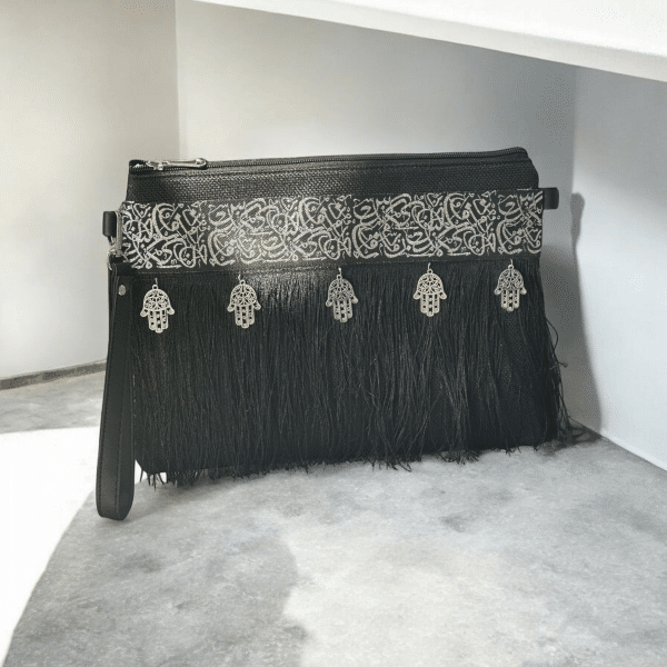 Black clutch with silver arabic calligraphy