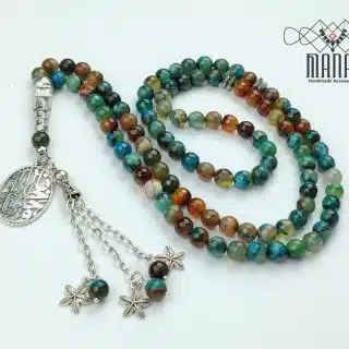 Tasbih of 99 Suleimani agate beads in distinctive colors and hematite stone spacers