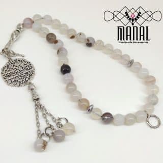 Rosary and bracelet, two layers, 33 beads of Yemeni agate stones and hematite stone spacers