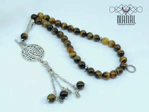 Rosary and bracelet, two layers, 33 beads of tiger eye stones and hematite stone spacers